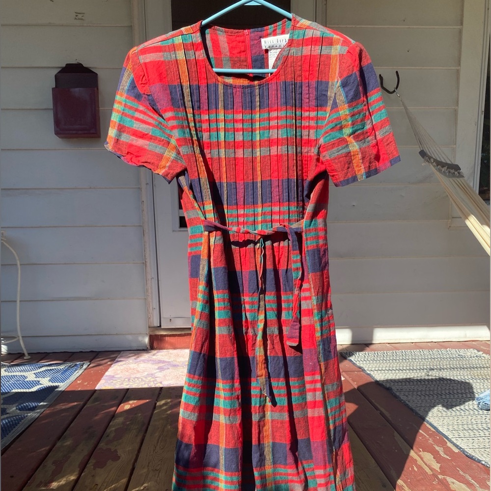80’s plaid dress with belt & shoulder pads.